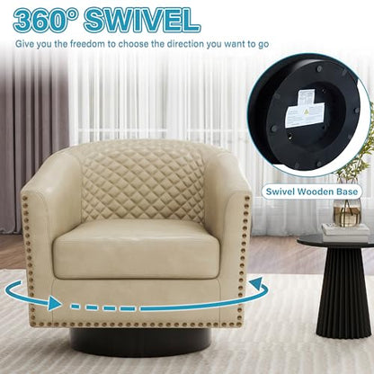 Faux Leather Swivel Accent Chair, Modern Barrel Club Armchair, Beige | Comfy Living Room Chair, Modern Nailhead Trim Round Armchair Bedroom Reading Seat with Removable Cushion, Wood Frame - color: Retro Beige