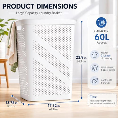 24 Inch Plastic Laundry Hamper with Lid, Slim Ventilated Clothes Basket and Large Dirty Cloth Towel Storage Bin for Laundry Rooms, Bathrooms and College Dorms, White