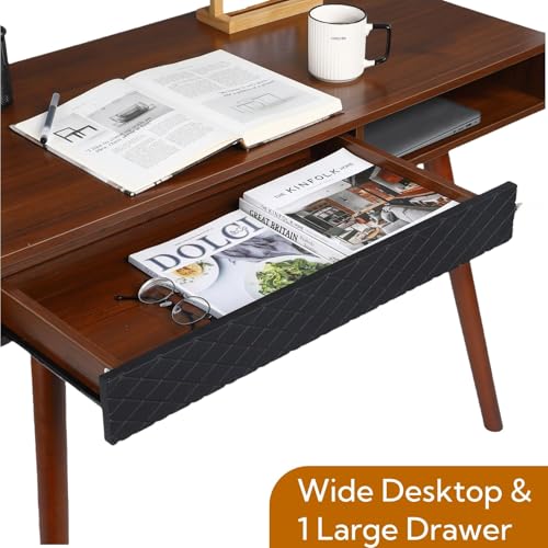 42.5 Inch Small Home Office Desk with Drawers, Mid Century Modern Minimalist Writing Desk, Slim Wood Computer Table with Storage for Apartments, Dorms, Easy to Assemble, Walnut