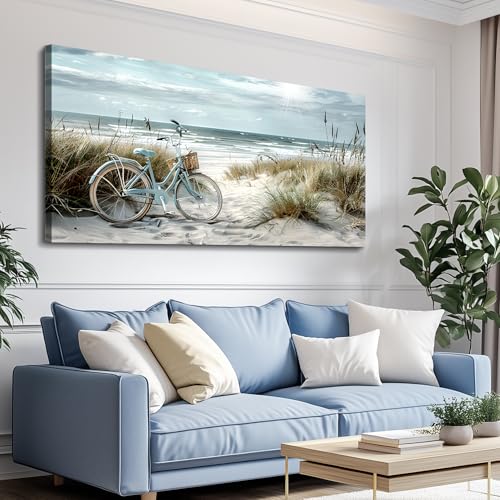 FUHAIHUA Large Wall Decor For Living Room Canvas Wall Art For Bedroom Modern Office Decoration Blue Beach Bicycle Seascape Painting Ocean Landscape Wall Pictures Artwork Home Decor Posters 24"X48" - color: Blue Beach Bicycle Paintings, size: 48"L x 24"W