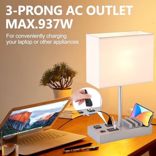 Dreamholder Bedside Table Lamp with 3 USB Charging Ports, 2 AC Outlets and 3 Phone Stands, Modern USB Desk Lamp with Silver Wooden Base