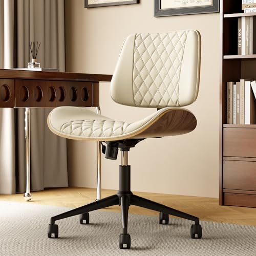 Armless Desk Chair with Wheels, PU Leather Rolling Office Chair, Adjustable Height Mid Back Computer Chair, Ergonomic Walnut Curved Seat, 360° Swivel Home Office Chair for Small Spaces (Half-Whtie) - color: Half-whtie