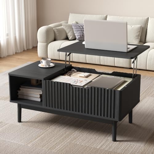 Fluted Lift Top Coffee Table with Storage, Black | Modern Coffee Table for Living Room, Home Office - color: Black, size: 18.9"D x 37.4"W x 16.5"H