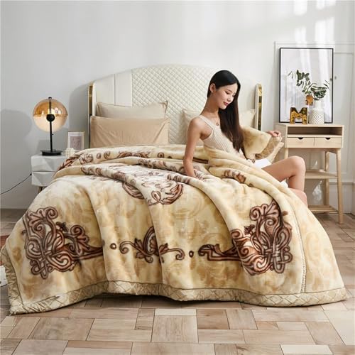 LGYKUMEG Korean Mink Throws Blanket 71" × 87" Silky Soft and Warm, 2 Ply Thick Winter Fleece Reversible Raschel Blanket,Beige and Brown,6.6Lb (180×220cm3kg) - color: Beige and Brown, size: 71x87in/6.6lb