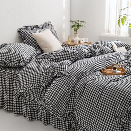 MKXI Black and White Gingham Duvet Cover Twin, 3-Piece Ruffled Bedding Set - 100% Washed Cotton, Lightweight & Breathable - Modern Graphic Bold Comforter Cover for Farmhouse - color: 002 Ruffle- Black Gingham, size: Twin