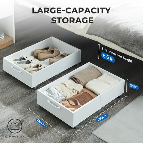 2-Pack Under Bed Storage Drawers Organizer with Wheels, White | 58L total capacity, 80 lb per Drawer, Fits 6 in Bed Clearance, Rolling Drawers for Shoes, Clothes, Linens, Toys - color: White