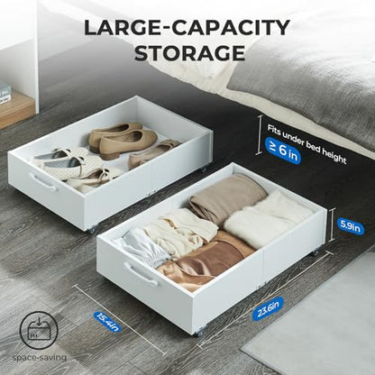 2-Pack Under Bed Storage Drawers Organizer with Wheels, White | 58L total capacity, 80 lb per Drawer, Fits 6 in Bed Clearance, Rolling Drawers for Shoes, Clothes, Linens, Toys - color: White