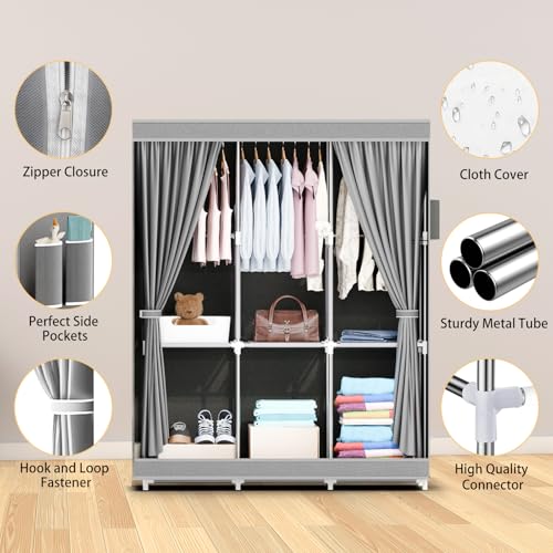 Portable Closet, Storage Organizer Wardrobe, Non-Woven Fabric Cover | 3 Hanging Rods, 6 Storage Shelves and Side Pockets, Free Standing Clothes Rack with Non-Woven Fabric Cover, Grey