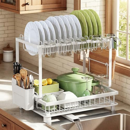 Multifunctional Dish Drying Rack - Rustproof, 2-Tier Dish Racks with Drainboard, Space-Saving Design, Utensil & Cup Holder for Kitchen Counter, White - color: White