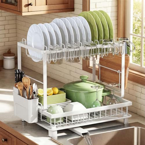 Multifunctional Dish Drying Rack - Rustproof, 2-Tier Dish Racks with Drainboard, Space-Saving Design, Utensil & Cup Holder for Kitchen Counter, White - color: White