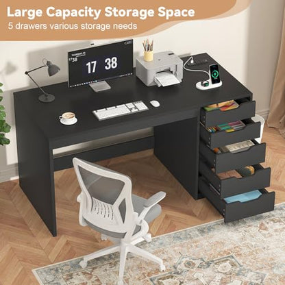 47 Inch Small Computer Desk with 5 Drawers and Outlets for Home Office | Home Office Desks with Storage File Cabinet and Charging Station, Modern Simple Laptop Desk Writing Table, Black - color: Black