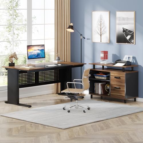Tribesigns 63 Inch Executive Desk with Filing Cabinet, L Shaped Office Desk | Large Office Desk with File Drawer, L Shaped Desk with Storage, Computer Desk for Home Office, Easy Assembly, Brown and Black - color: Brown and Black