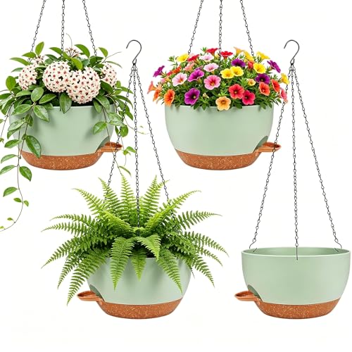 Set of 4-8 Inch Self Watering Hanging Planters for Indoor Outdoor，Hanging Plant Pots with Drainage & Removable Tray, Hanging Pots Holder for Ivy, Pothos, Ferns, Balcony & Patio, Green Brown - color: Green Brown, size: 4 pack 8 inch