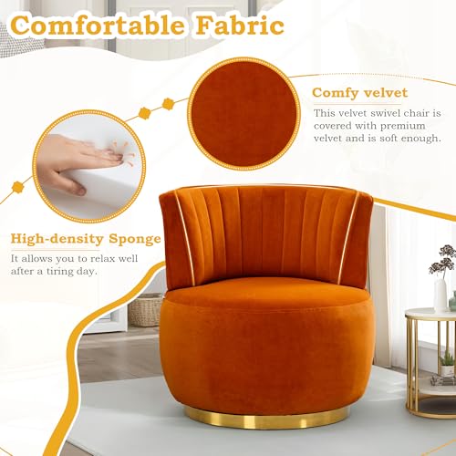 SLEERWAY 360° Swivel Barrel Chair, Modern Velvet Round Accent Chair, Comfy Upholstered Small Armchair with Gold Metal Base for Living Room Bedroom Nursery Office Sillas para Sala, Orange - color: Orange