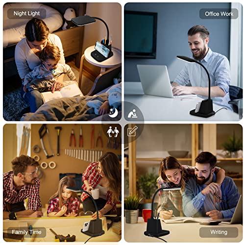LED Desk Lamp with 10W Wireless Charging & Pen Holder, Black | CRI 95, 800LM, Stepless Dimming, 3 Modes, 360°Flexible Arm, Touch, Study Table Lamp for Home Office, Dorm Room, with Adapter - color: Black