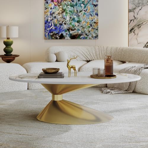 49.2" Oval Marble Coffee Table with Gold Stainless Steel Base, Luxury Sintered Stone Top Center Cocktail Tea Tables for Living Room,Easy Assembly - color: Style 4: Gold Base