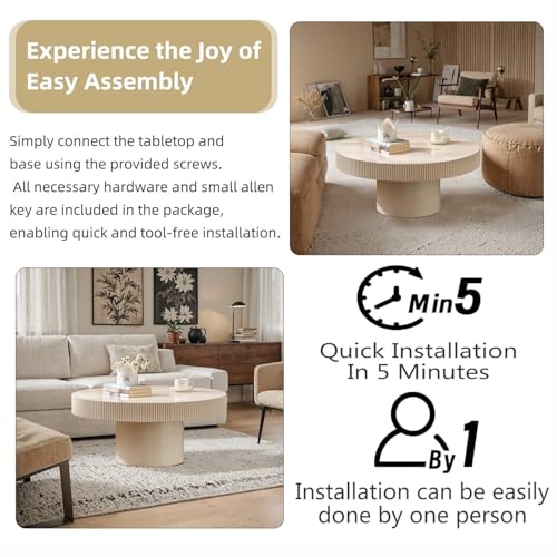 Round Drum Fluted Coffee Table (G) | Modern Wood Coffee Table with Circle Pedestal Center Tables Fluted Accent Tea Tables for Apartment Living Room - color: G