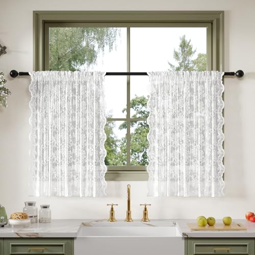 Anmao Vintage Lace Kitchen Curtains 36 Inches Long 2 Panels, Romantic Semi Sheer Floral Over Sink Lacy Cafe Curtain, Elegant Window Short Small Drapes, 55W x 36L, Pure White - color: Pure White Plum, size: 55"W x 36"L (Pack of 2)