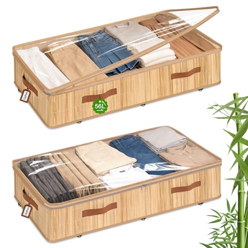 Livole 2 Pack Bamboo Under Bed Storage Containers with Wheels | Breathable Bamboo, Invisible Wheels, 6 inches Height, 56L Large Capacity, Easy Setup, Handles, Clear Lid