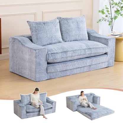 61" Boneless Loveseat Sleeper, Folding Sofa Bed with Faux Fur Cover, L-Grey | Memory Foam Pull Out Futon Bed with Removable Washable Cover, Space-Saving Fold Out Couch for Living Room & Guest Room - color: Light Grey