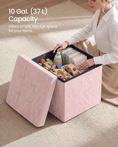 SONGMICS Storage Ottoman, Textured PU Leather Footstool, Foldable Footrest with Cushion, for Living Room and Bedroom, 15 x 15 x 15 Inch, Pink, Minota Collection ULSF522SA01 - color: Pink (Wthout Legs)