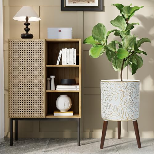12inch Plant Pots with Wood Planter Holder | Indoor Flower Pot with Gold Floral Embossed Modern Planters with Drainage Holes for Living Room, Office, Garden or Balcony - color: Balck and Gold Leaf, size: 12 Inches