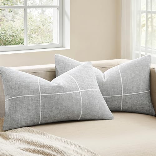 2 Packs Grid Embroidery Lumbar Pillow Covers 12x20in Light Grey | Farmhouse Linen Pillow Cases, Decorative Accent Cushion Covers, Checked Home Decor for Sofa Bed Living Room - color: Light Grey, size: 20" x 12" (Pack of 2)