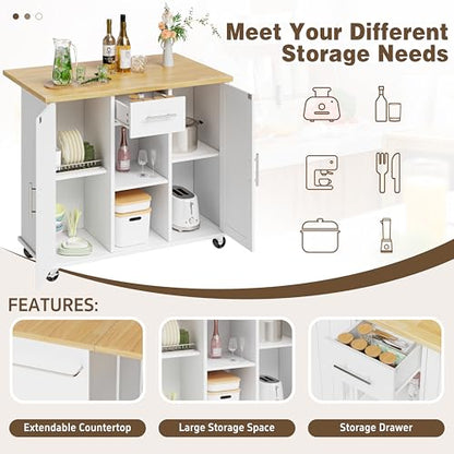 Shintenchi Kitchen Island with Storage, Bar Cart Cabinet Island Table on Wheels, Rolling Microwave Cart for Kitchen with Drop Leaf, Drawers, Towel Rack, Seating Area for Dining Room, White - color: White-42 Inch