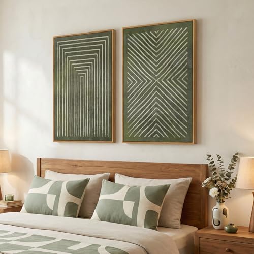 Large Framed Green Abstract Wall Art for Living Room Set of 2, 24x36 In | 2 Piece, Canvas prints, Sage green artwork, Modern minimalist paintings, Geometric pictures, Dining room bedroom wall decor - color: Sage Green Lines, size: 24" W x 36" H x 2Pcs