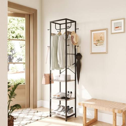 Coat Rack Freestanding, Hall Tree with 3 Shelves and 12 Hooks, Greige | Industrial Metal Frame, Space-Saving Design, Clothes Rack Stand Organizer for Bedroom, Hallway, Entryway, Office, Living Room - color: Greige