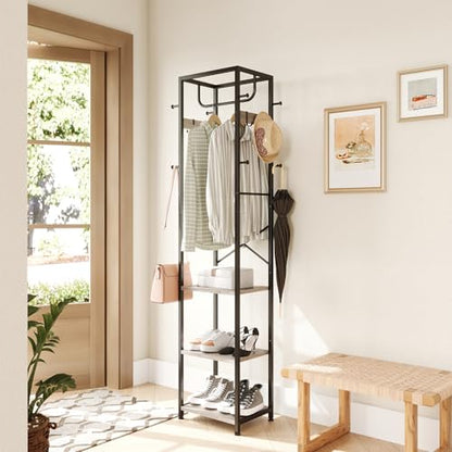 Coat Rack Freestanding, Hall Tree with 3 Shelves and 12 Hooks, Greige | Industrial Metal Frame, Space-Saving Design, Clothes Rack Stand Organizer for Bedroom, Hallway, Entryway, Office, Living Room - color: Greige