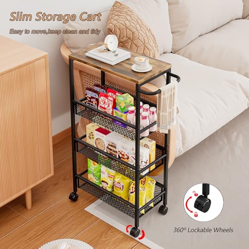 Slim Rolling Cart 4 Tier Narrow Storage Cart on Wheels with Handle | Lockable Wheels, Wood Top Panel, Metal Frame Utility Carts for Kitchen, Dining, Living, Home Office, Laundry Room - size: 16.38 x 9.06 x 30.31 inch