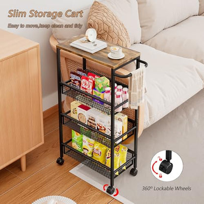 Slim Rolling Cart 4 Tier Narrow Storage Cart on Wheels with Handle | Lockable Wheels, Wood Top Panel, Metal Frame Utility Carts for Kitchen, Dining, Living, Home Office, Laundry Room - size: 16.38 x 9.06 x 30.31 inch