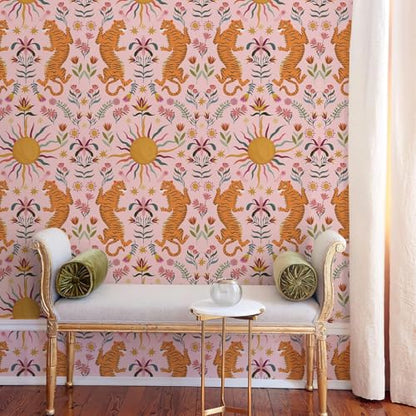 Pink Tiger Peel and Stick Wallpaper - Tropical Tiger Boho Removable Self Adhesive Jungle Animal Wall Paper for Bedroom, Living Room, Nursery Waterproof DIY Wall Decor (17.3" x 240") | Waterproof Removable Self Adhesive Wallpaper, Boho Jungle Animal Contac