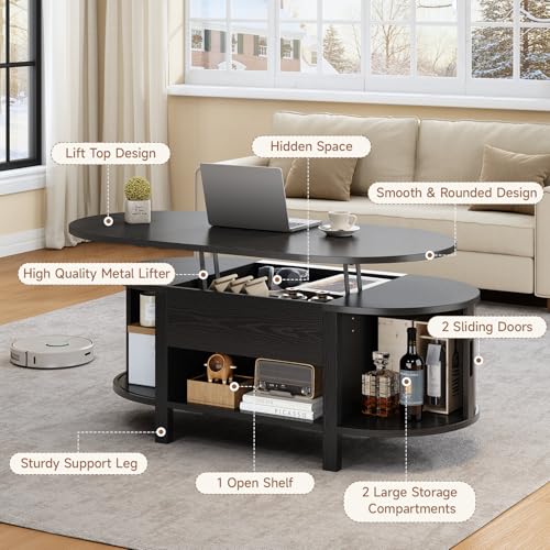 43.3" Oval Lift Top Fluted Coffee Table with Sliding Door, Black | Mid-Century Modern Fluted Coffee Table with Lift Tabletop & Multi-Storage Spaces, Dining Table for Living Room, Home Office - color: Black