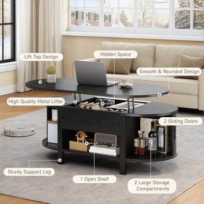 43.3" Oval Lift Top Fluted Coffee Table with Sliding Door, Black | Mid-Century Modern Fluted Coffee Table with Lift Tabletop & Multi-Storage Spaces, Dining Table for Living Room, Home Office - color: Black