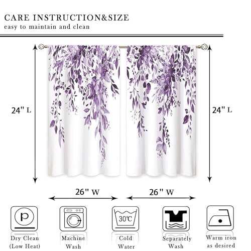 Eucalyptus Botanical Leaves Purple Floral Kitchen Window Curtains Over Sink Farmhouse Flower Leaf Small Window Treatment Cafe Short Curtains for Bathroom Treatment Tier Drapes 26x24 inch - color: 14 Purple, size: 26"W x 24"L (Pack of 2)
