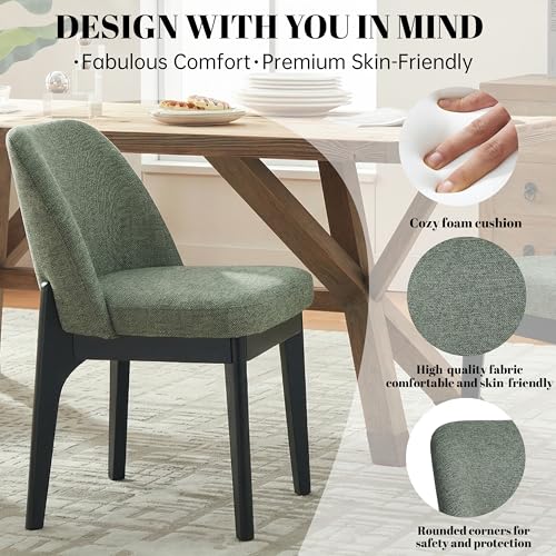 VKNOW Upholstered Wood Dining Chairs Set of 2 with Modern Fabric, Green | Modern Dining Room Chairs with Wood Legs and Padded Seats, Kitchen Chairs for Restaurant, Living Room, No Wobble - color: Green-black Leg, size: 2 PCS