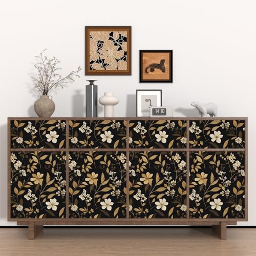 Black Gold Floral Peel and Stick Wallpaper 17.4" x 118" | Renter Friendly, Removable & Waterproof, Vinyl Easy Install for Bedrooms, Bathrooms, Kitchens, Cabinets and Home Decor - color: Gold/Black/White, size: 17.4" x 118"