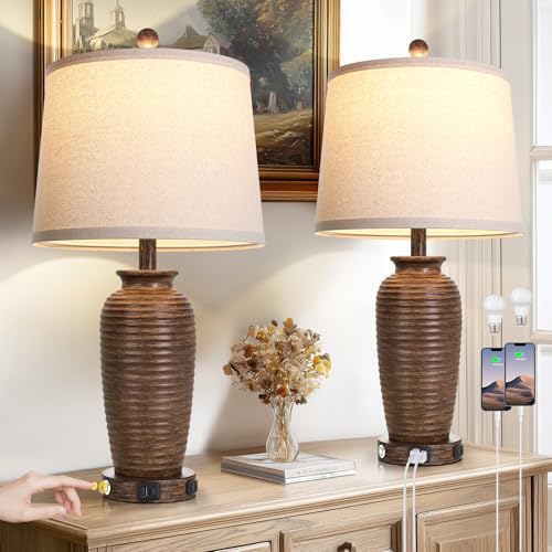 CINSARY 25" Retro Walnut Brown Farmhouse Jar Table Lamps Set of 2, 3 Way Touch Control Rustic Bedside Lamps with USB A+C Ports & AC Outlet, Pot Nightstand Lamps for Bedroom Living Room - color: Walnut Brown
