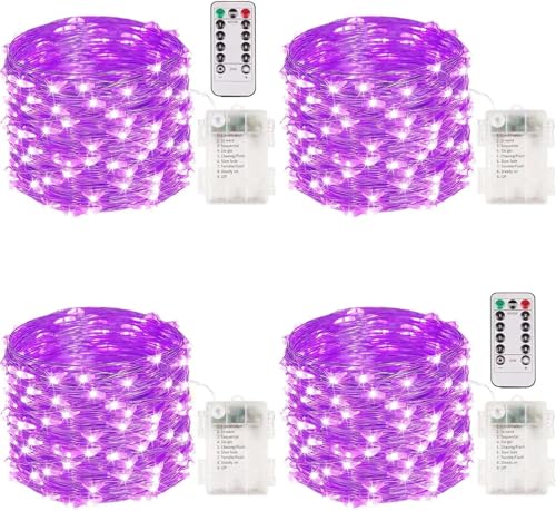 Halloween Fairy String Lights Battery Operated 100 LED 33FT 4 Pack Purple | Timer, 8 Modes, Remote Control, Brightness Adjustable Waterproof Twinkle Lights for Indoor Outdoor Party Cpreepy decorations - color: Purple, size: 4 Pack
