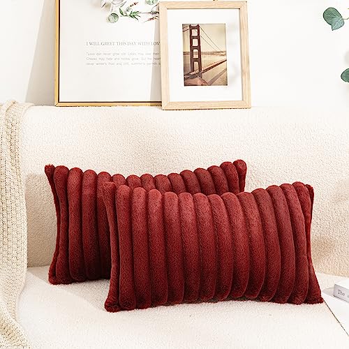 Uhomy Set of 2 Faux Fur Plush Christmas Red Decorative Throw Pillow Covers Fuzzy Striped Soft Pillowcase Cushion Covers for Sofa Couch Bedroom 12x20 inch 30x50 Cm Burgundy Red - color: Burgundy, size: 20" x 12" (Pack of 2)