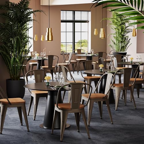 Alunaune 18inch Metal Dining Chair Set of 4 High Back Classic Chic Iron Farmhouse Chairs Industrial Stackable Coffee Stools Bistro Cafe Side Barstools Wood Seat-Rusty - color: Rusty