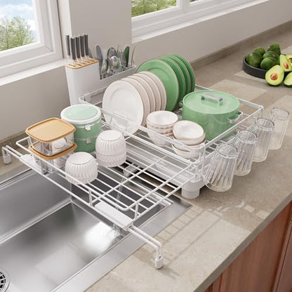 Runnatal Large Dish Drying Rack, Extendable Dish Rack Over Sink | Stainless Steel Dish Strainer with Drainboard, Utensil Holder & Cup Holder for Kitchen Counter, White - color: White