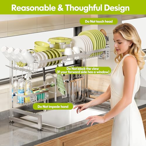 Over The Sink Dish Drying Rack with Cup and Utensil Holder | 2 Tier Stainless Steel,Expandable,Rust Proof Metal,Space Saving,Big Capacity Plate Drainer Above Kitchen Counter,Silver - color: Silver, style: Over Sink 2 Tier