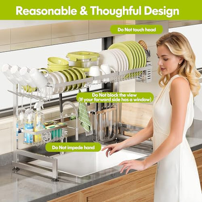 Over The Sink Dish Drying Rack with Cup and Utensil Holder | 2 Tier Stainless Steel,Expandable,Rust Proof Metal,Space Saving,Big Capacity Plate Drainer Above Kitchen Counter,Silver - color: Silver, style: Over Sink 2 Tier