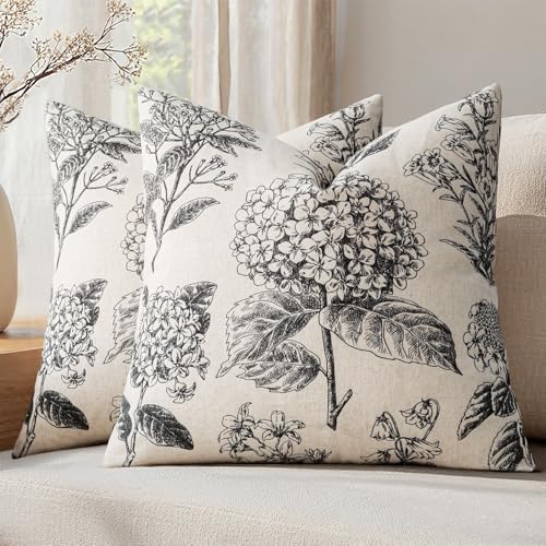 Set of 2 Decorative Floral Pillow Covers 18x18 Inch Black | Neutral Hydrangea Print, Boho Vintage Throw Cushion Covers, Cottagecore Home Decor, for Sofa Couch Porch Bedroom Living Room - color: Black, size: 18" x 18" (Pack of 2)
