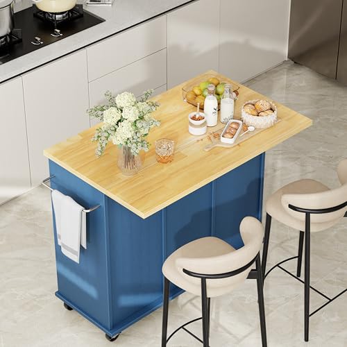 Shintenchi Kitchen Island with Storage, Bar Cart Cabinet Island Table on Wheels, Rolling Microwave Cart for Kitchen with Drop Leaf, Drawers, Towel Rack, Seating Area for Dining Room, Blue - color: Blue-42 Inch