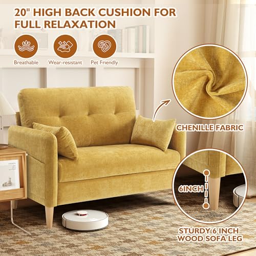 Urhanherry 47" Small Sofa Couch for Bedroom, Soft Chenille loveseat Mini Couch with Throw Pillow and Removable Cushion Cover for Small Spaces, Living Room, Apartment, Dorm, Office(Yellow) - color: Yellow
