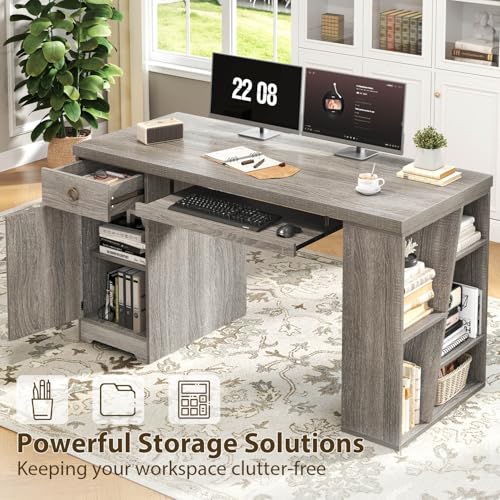HSH 55" Modern Office Desk, Farmhouse Grey Computer Desk with Keyboard Tray | Wooden Executive Computer Table Teacher Desks with Storage Drawers Shelves and Cabinet for Home Writing Work Study - color: Light Grey Oak